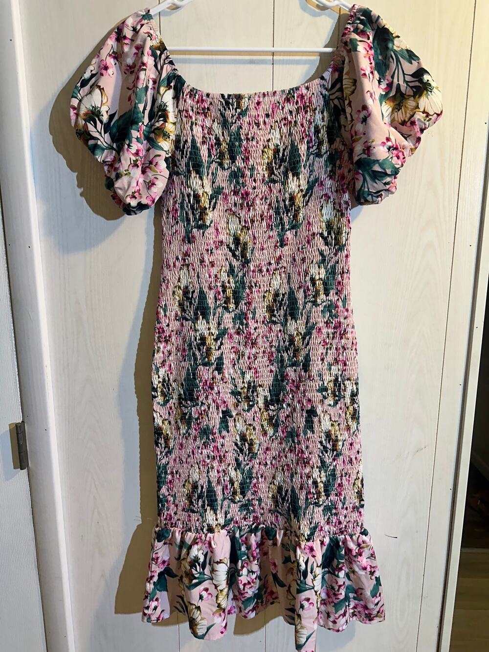 PRETTYGARDEN Floral Smocked Bodycon Dress Pink Cottagecore Ruffle Midi Medium